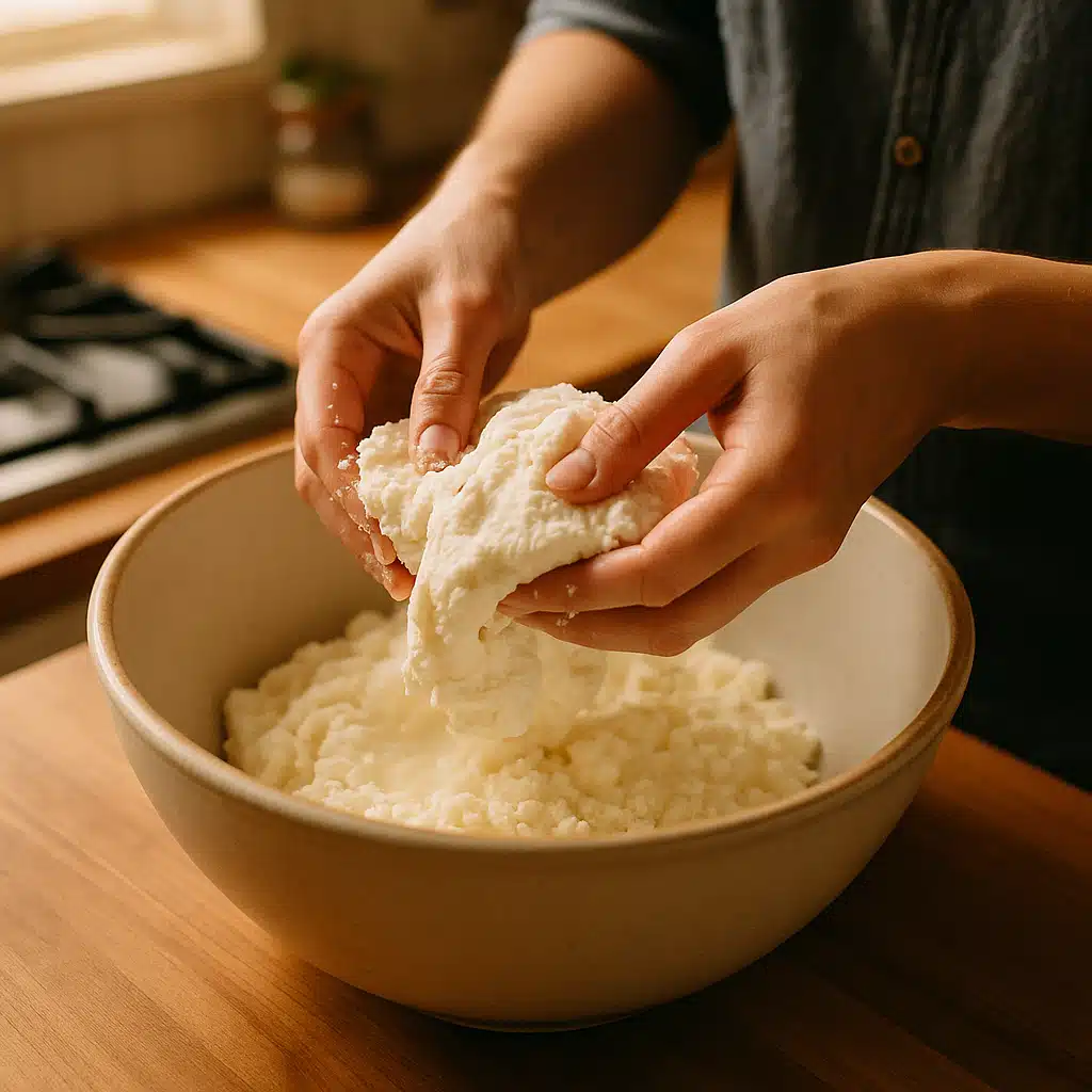 A person's hands gently folding fresh ricotta curds in a bowl in a home kitchen, warm and inviting atmosphere, natural light, cooking process documentation style