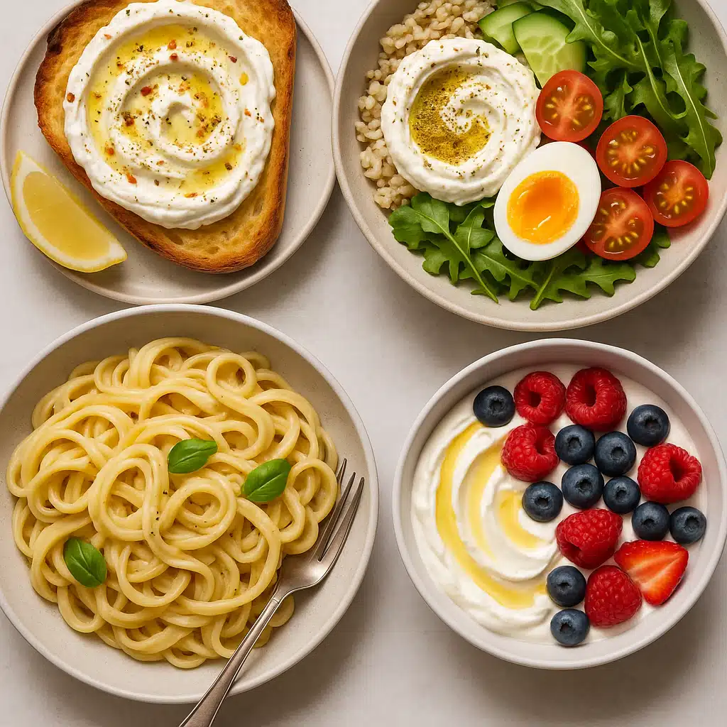 Various dishes featuring labneh including breakfast toast, grain bowl, pasta dish, and dessert with berries, arranged in a flat lay composition showing versatility, bright and appetizing food photography