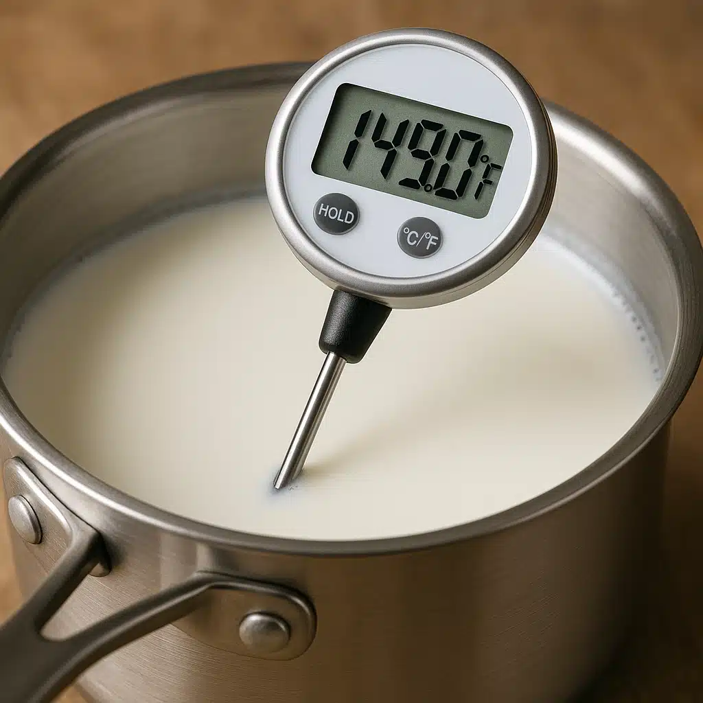 Kitchen thermometer measuring temperature in white liquid in a pot, close-up detail shot, instructional cooking photography style