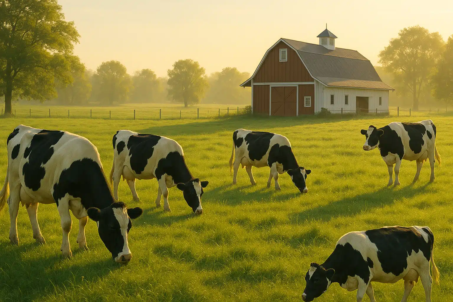 A pristine farm setting with dairy cows grazing in green pastures, a small dairy barn in the background, morning sunlight, peaceful and pastoral atmosphere