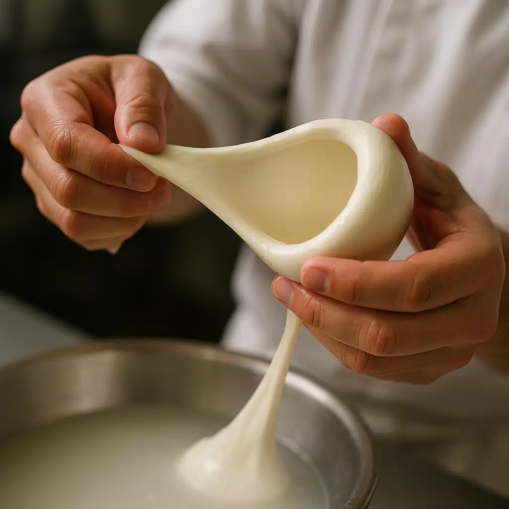 Hands stretching warm mozzarella cheese into a thin pouch ready for filling, professional food preparation photography with soft natural lighting