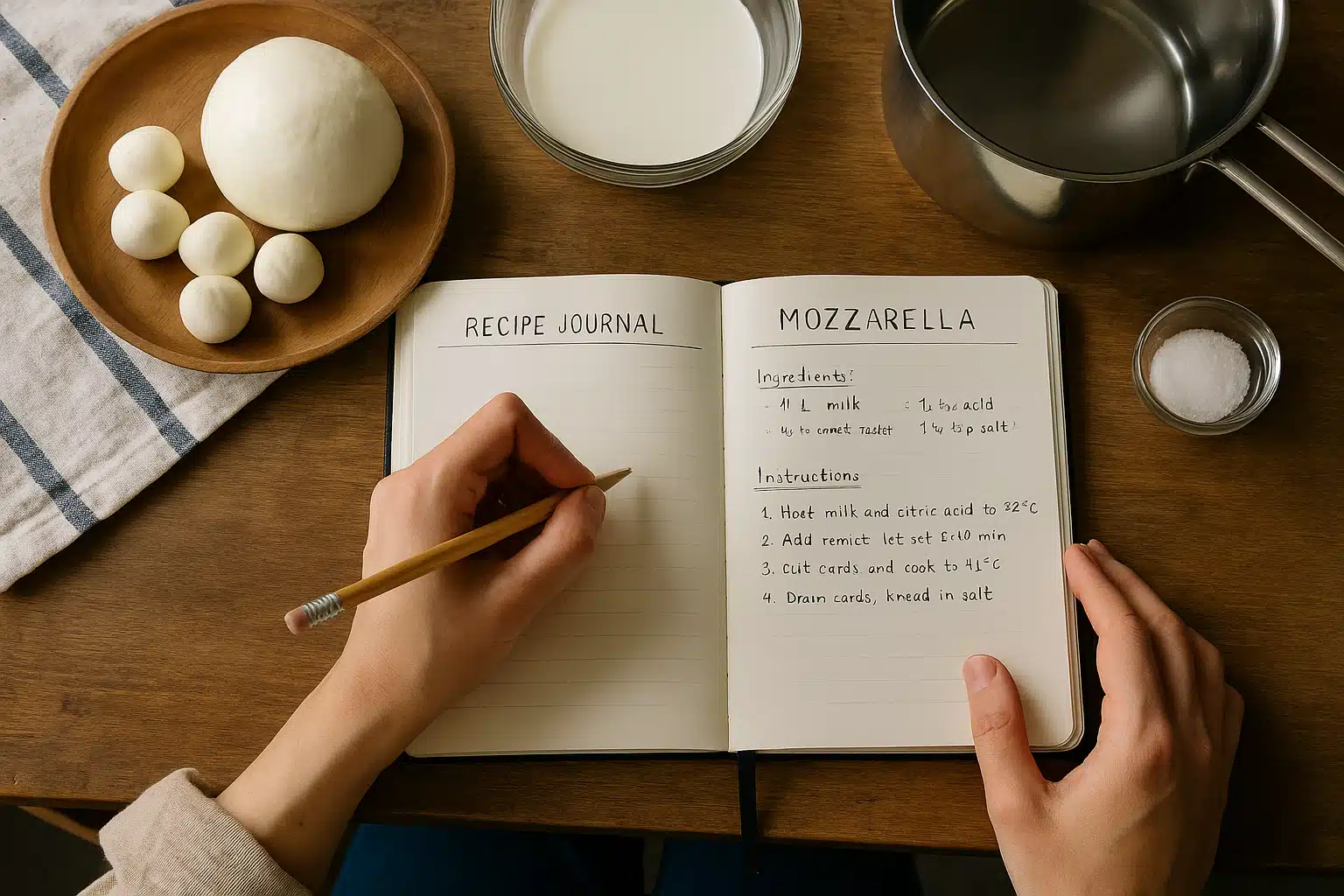 Person writing notes in a recipe journal next to fresh mozzarella cheese, kitchen setting, overhead view, natural lighting, organized and methodical cheese making documentation