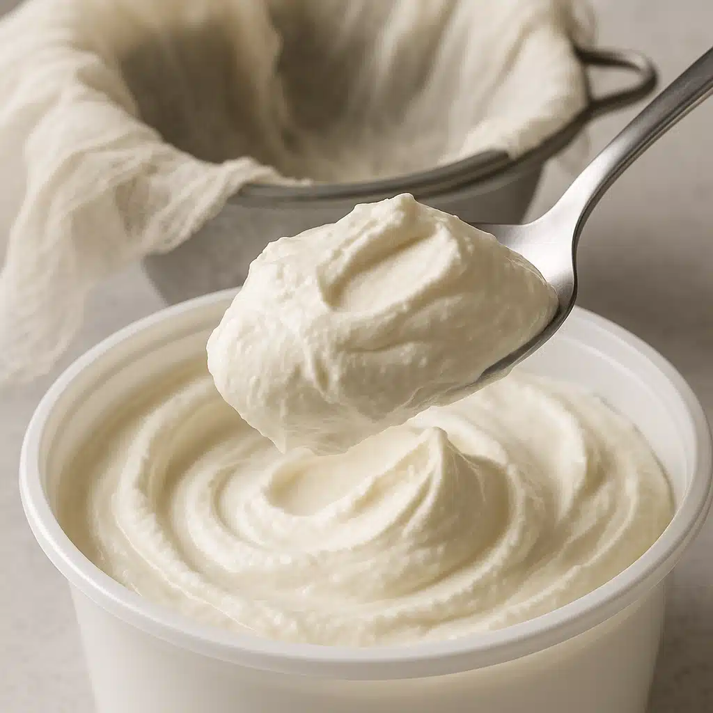 Close-up of labneh being scooped from container showing thick, creamy texture, with cheesecloth and straining equipment in soft focus background, instructional photography style