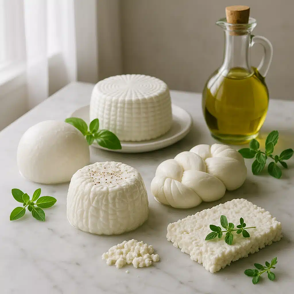 Assortment of fresh homemade white cheeses displayed on marble surface with fresh herbs and olive oil, elegant food styling, natural window lighting, artisanal aesthetic