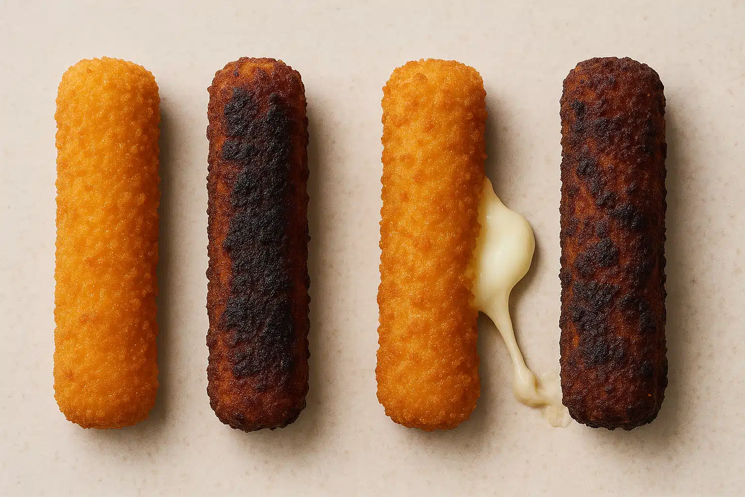 Comparison image showing perfectly fried golden mozzarella stick next to common mistakes including burnt coating and cheese leakage, educational food photography for cooking instruction