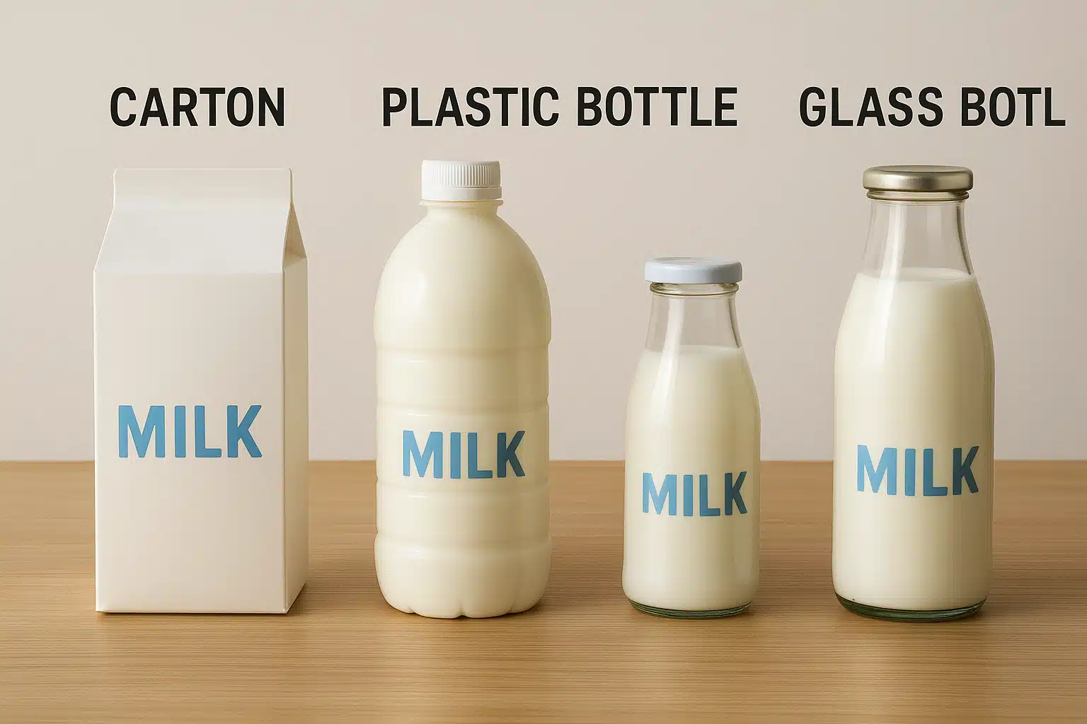 A comparison display showing different types of milk containers including cartons and glass bottles, arranged on a wooden surface, educational styling with clear labels visible, neutral bright lighting
