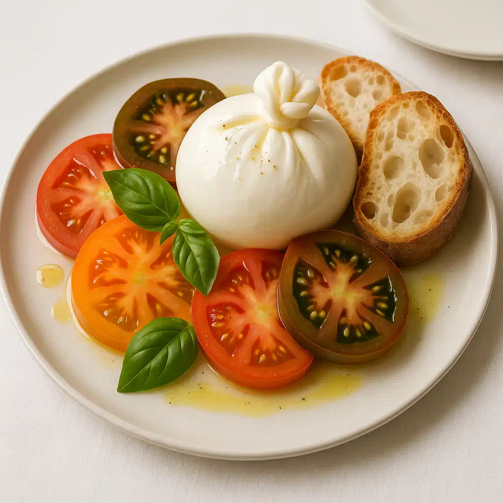 Elegant plate presentation of burrata cheese with heirloom tomatoes, fresh basil leaves, olive oil drizzle, and crusty bread on a white dining table