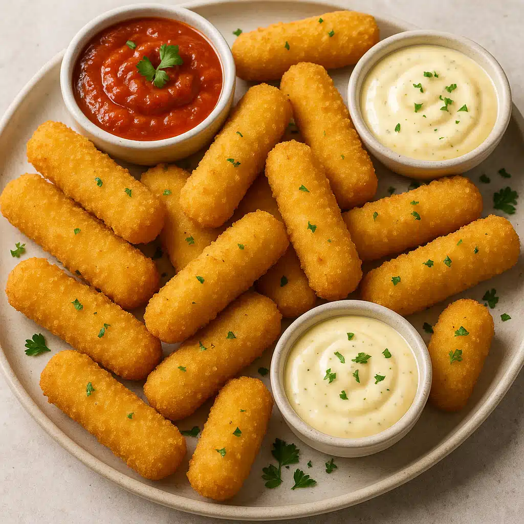 Platter of golden mozzarella sticks with various dipping sauces in small bowls including marinara, ranch, and garlic aioli, garnished with fresh herbs, appetizer presentation photography