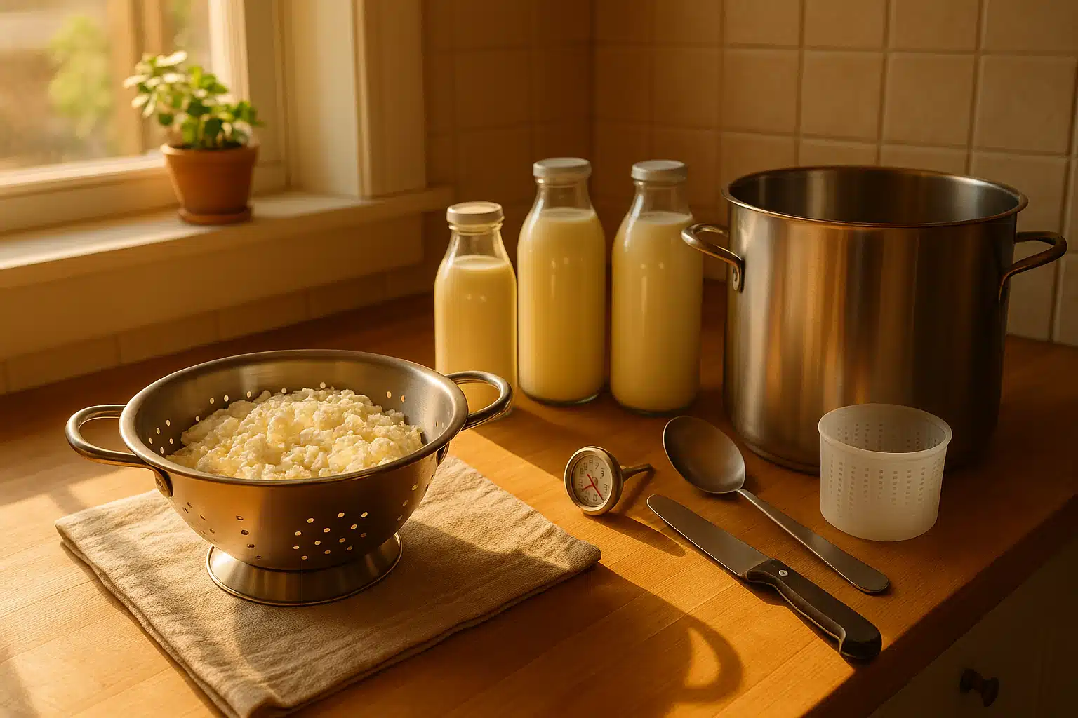 A home kitchen workspace showing a successful cheese-making setup with fresh curds in a colander, milk bottles, and cheese-making tools neatly arranged, warm afternoon light, accomplishment and satisfaction mood