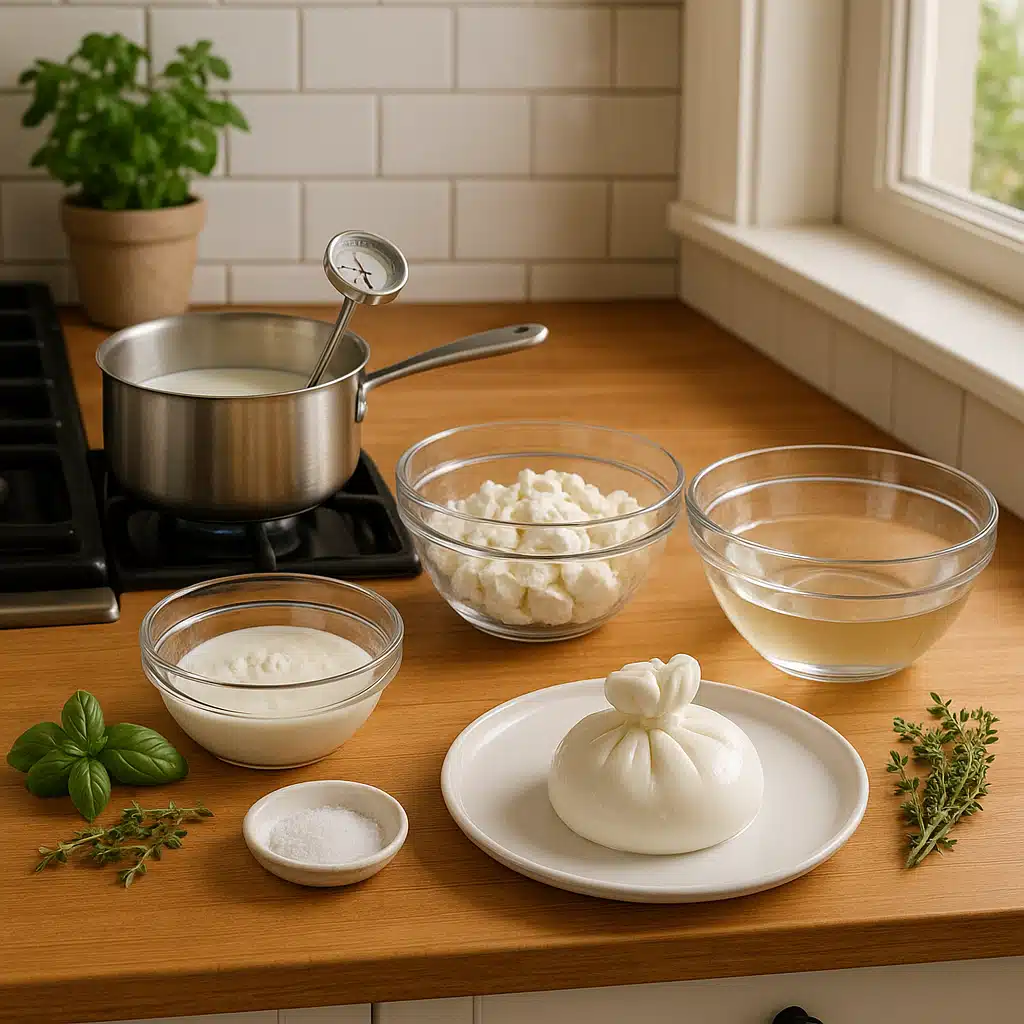 Home kitchen setup for making burrata with organized workspace, cooking thermometer, bowls of ingredients, and completed burrata cheese on a serving plate