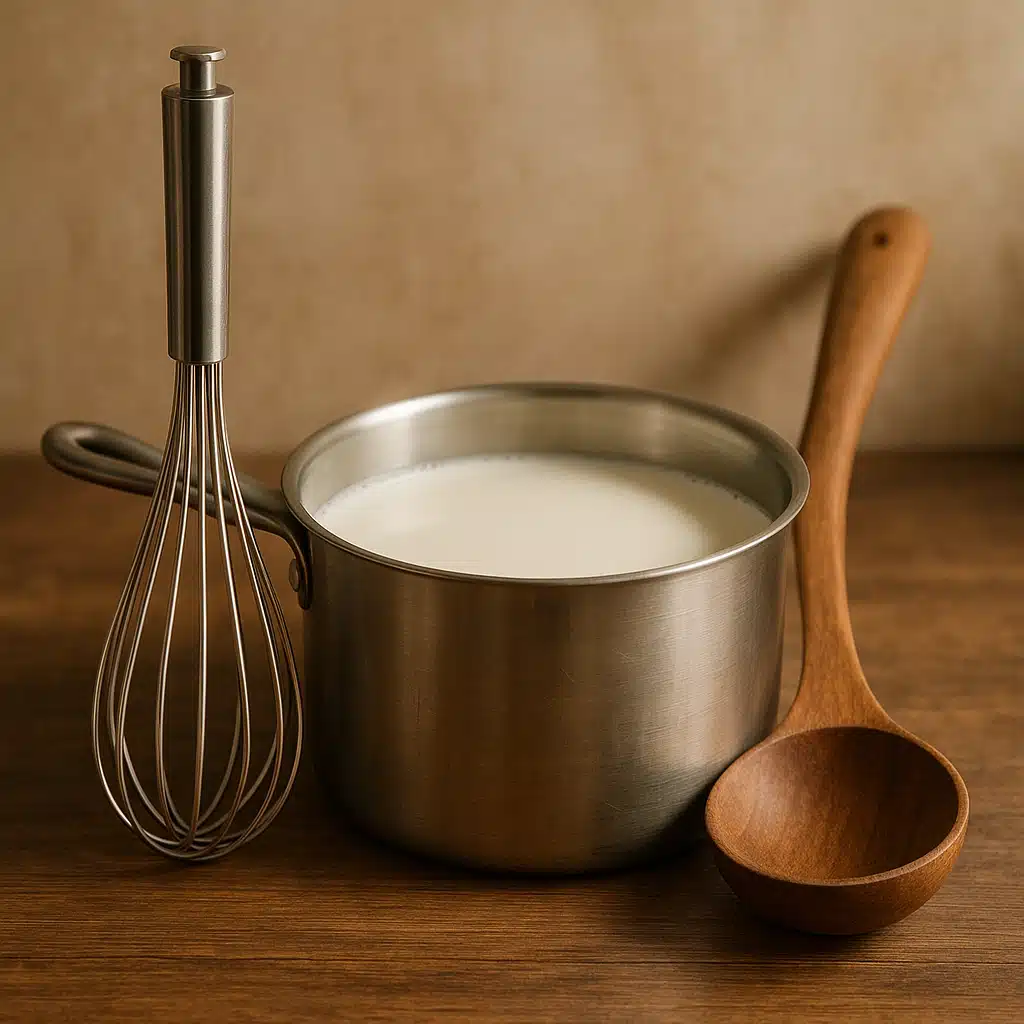 A stainless steel whisk and wooden ladle positioned beside a pot of milk, soft kitchen lighting, rustic yet modern aesthetic, side view composition, tools ready for use