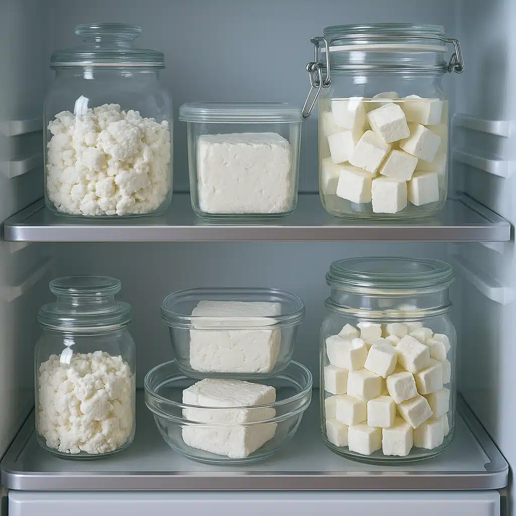 Various glass storage containers and jars containing fresh white cheese, neatly arranged on refrigerator shelves, clean and organized appearance, cool lighting, realistic kitchen storage setting