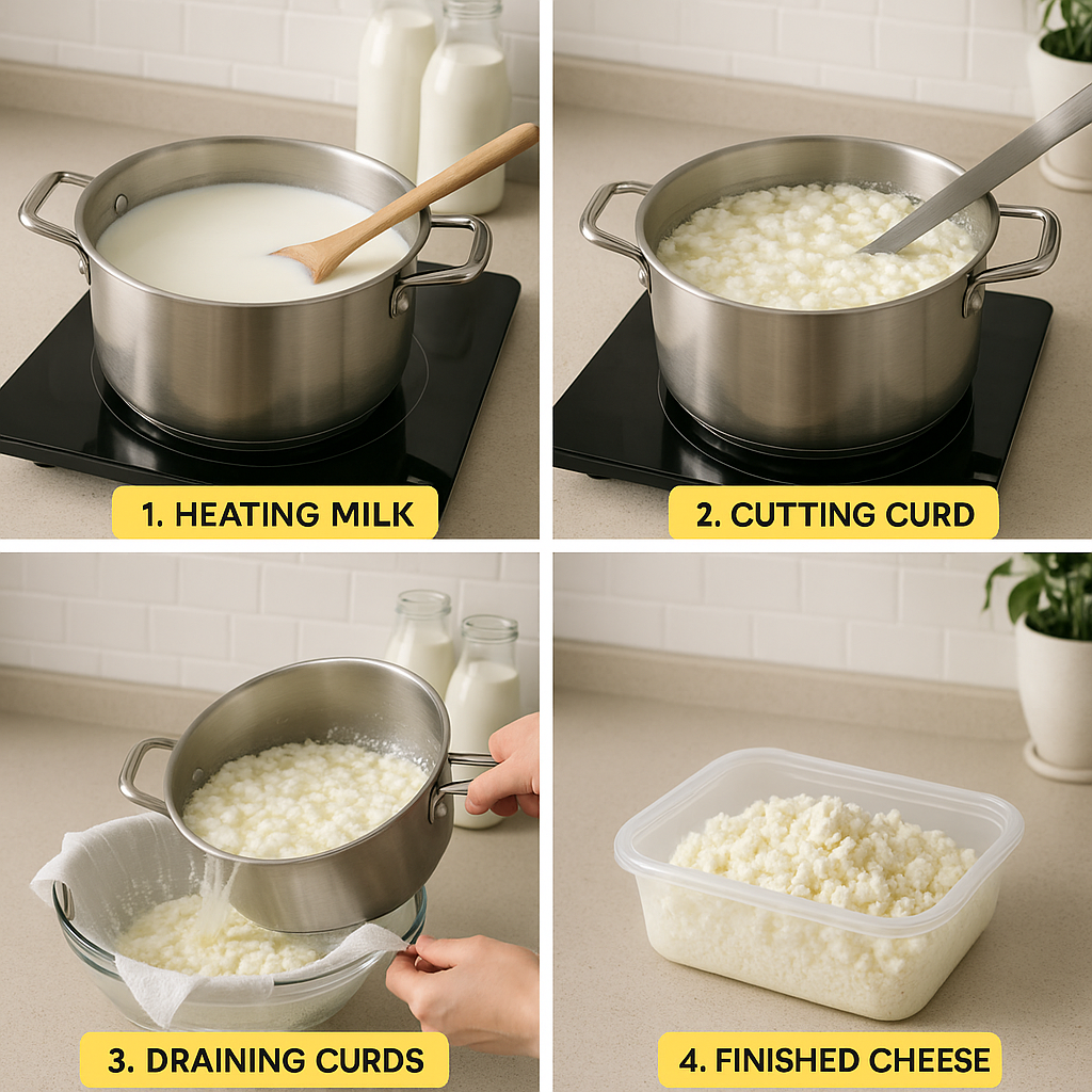 Step-by-step sequence showing cheese making process, from heating milk in pot to draining curds in colander to finished cheese in container, bright and educational layout, clean modern kitchen setting, process photography style