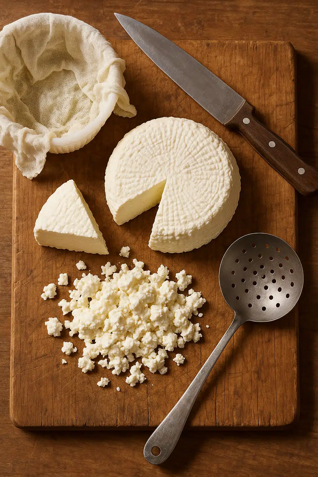 A rustic wooden board displaying fresh homemade cheese alongside the basic kitchen tools used to make it, warm natural lighting, inviting and achievable atmosphere, celebration of home cooking, overhead composition