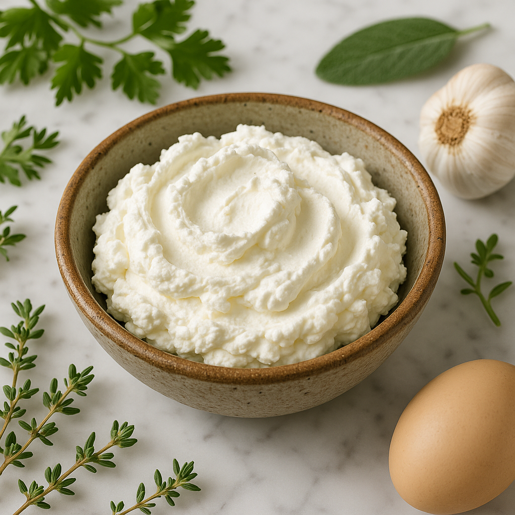 Fresh homemade cream cheese in a rustic ceramic bowl on a marble countertop, surrounded by fresh herbs and natural ingredients, bright natural lighting, clean and appetizing presentation