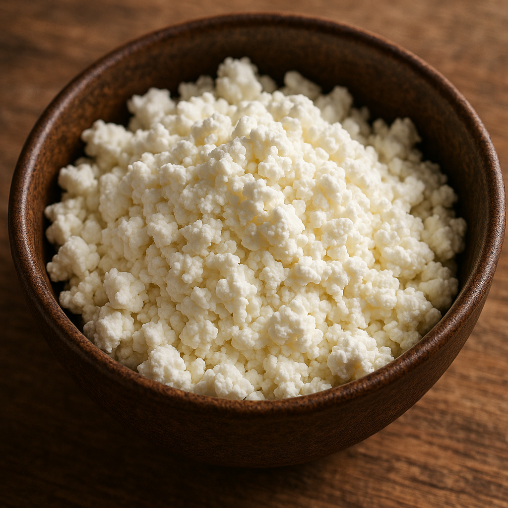 Close-up of fresh white crumbly cheese in a rustic ceramic bowl on a wooden surface, natural lighting, appetizing food photography style