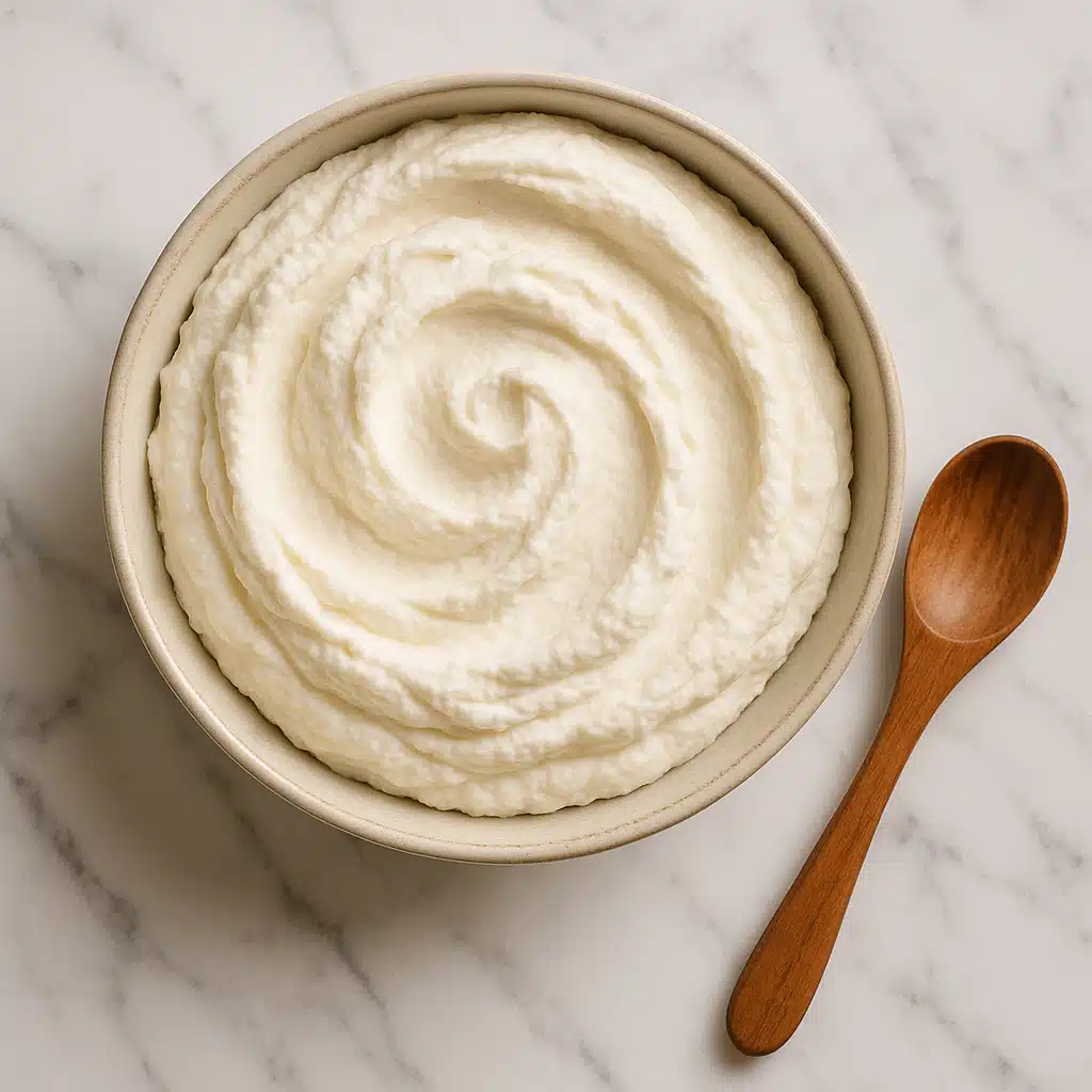 A bowl of smooth, creamy whipped ricotta cheese with a fluffy texture, photographed from above on a marble surface with a wooden spoon, natural lighting, elegant food photography style