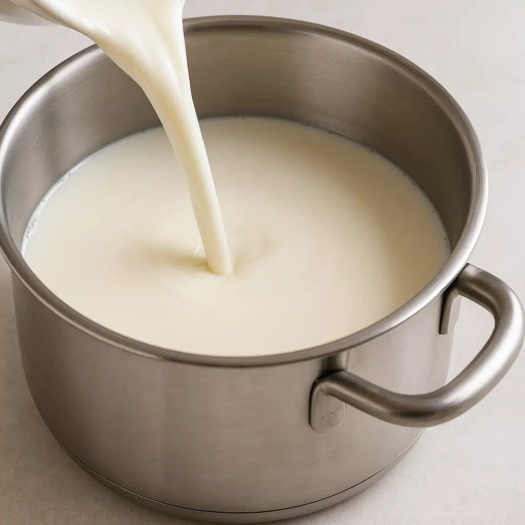 Close-up view of fresh milk being poured into a stainless steel pot, beginning the cheese-making process, soft natural lighting, clean and professional food photography style