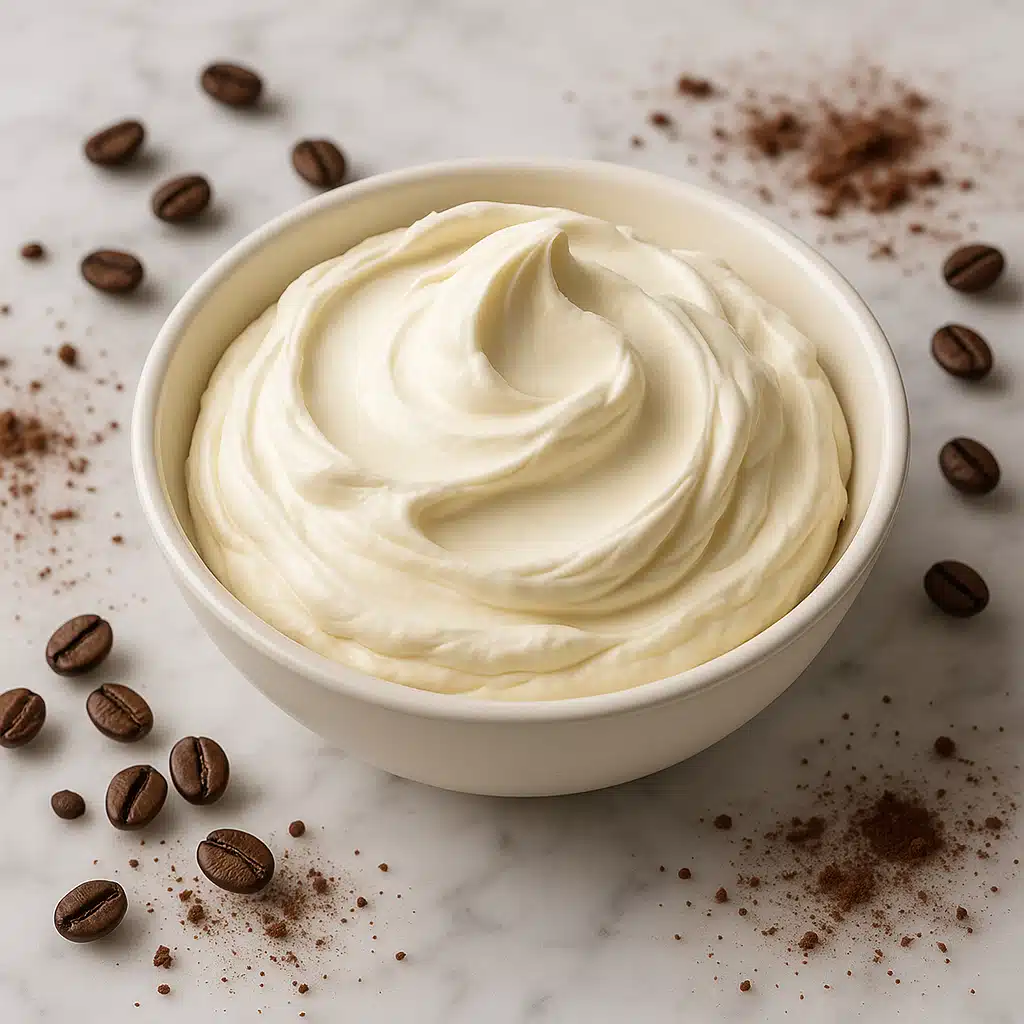 A bowl of fresh white mascarpone cheese with smooth creamy texture, placed on a marble countertop with scattered coffee beans and cocoa powder, soft natural lighting, professional food photography style