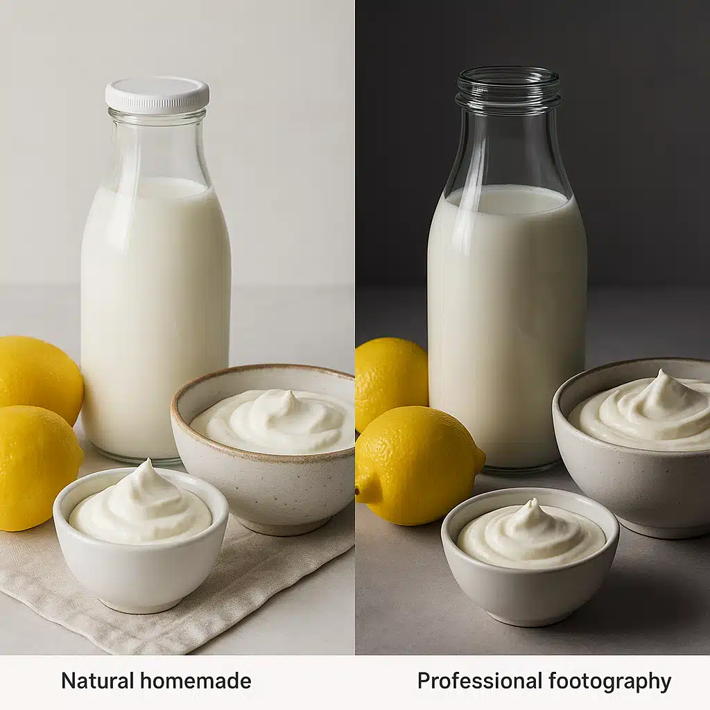 Comparison layout showing fresh dairy ingredients including milk bottle, cream, and lemons on one side, representing natural homemade approach, professional food photography style