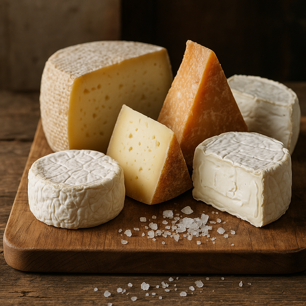 Assortment of fresh artisan cheeses including soft white cheese and hard aged varieties on a wooden board with coarse sea salt crystals scattered around, natural lighting, rustic kitchen setting