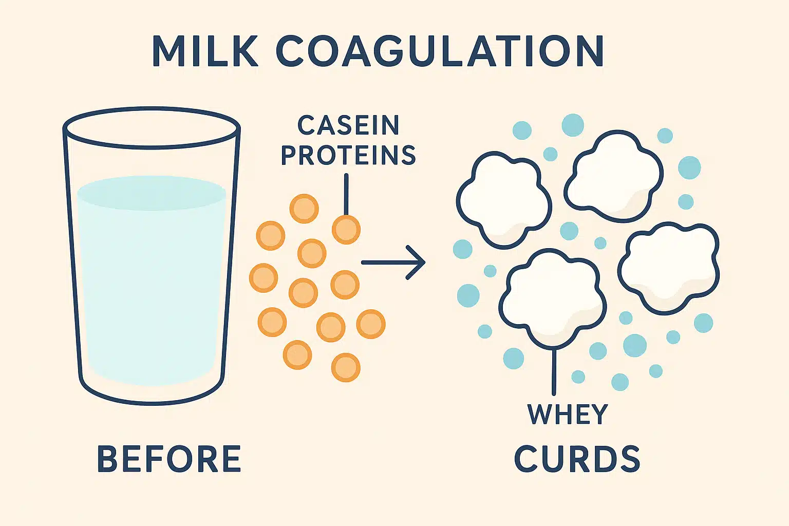 Scientific illustration showing the molecular process of milk coagulation, educational diagram style with clean graphics depicting casein proteins forming curds, modern and accessible visual design