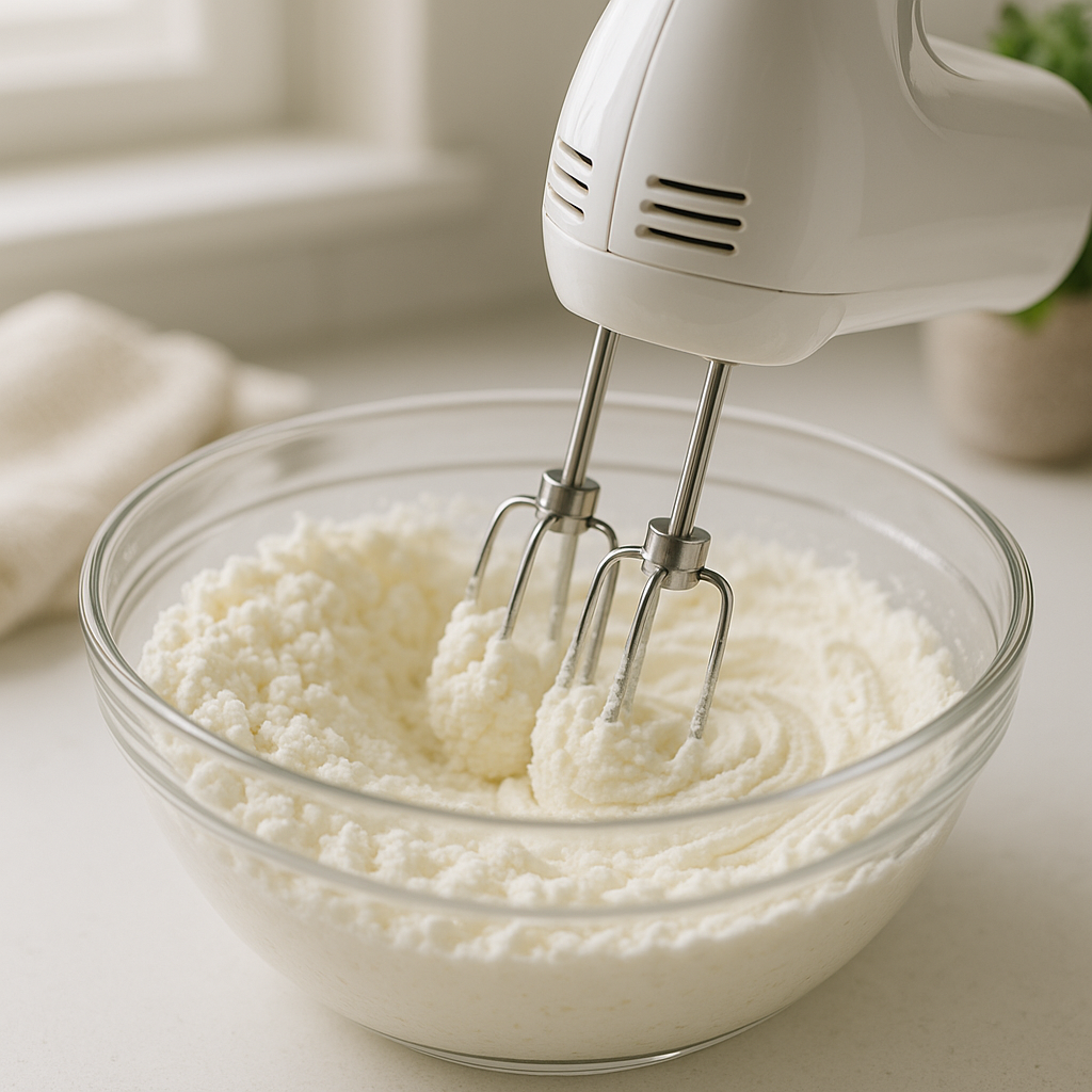 A hand mixer whipping ricotta cheese in a glass bowl, showing the transformation from grainy to smooth and fluffy texture, bright kitchen setting, process photography style