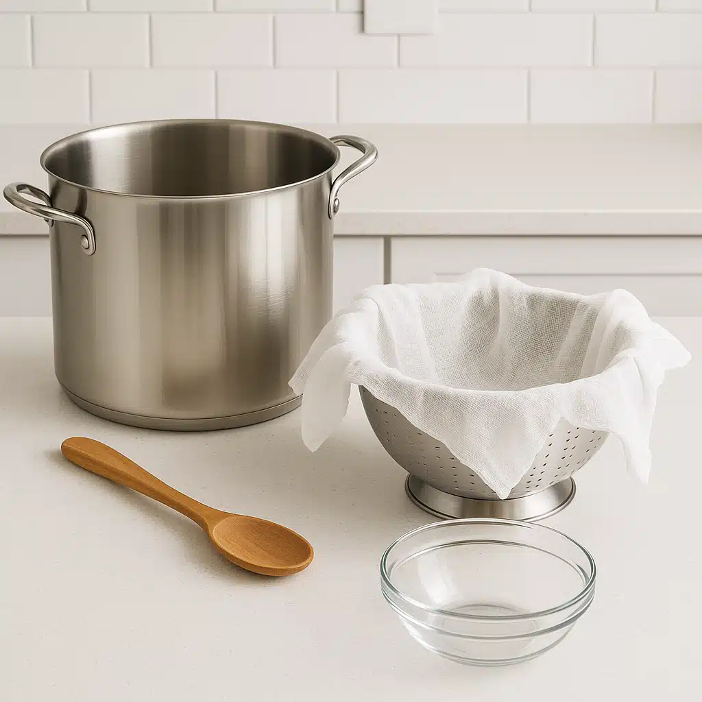 Kitchen setup showing cheese-making equipment including stainless steel pot, cheesecloth draped over colander, wooden spoon, and glass bowl, organized on clean kitchen counter, instructional style photography