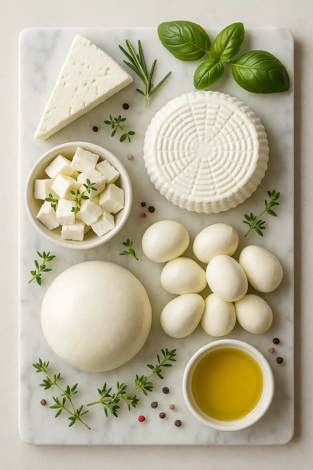 Various types of fresh white cheeses displayed on a marble board with herbs and accompaniments, overhead view, clean professional food styling