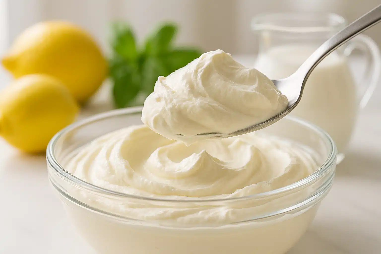Close-up of mascarpone cheese being spooned from a glass bowl, showing its thick creamy texture, with fresh ingredients like lemons and cream in soft focus background, bright kitchen setting