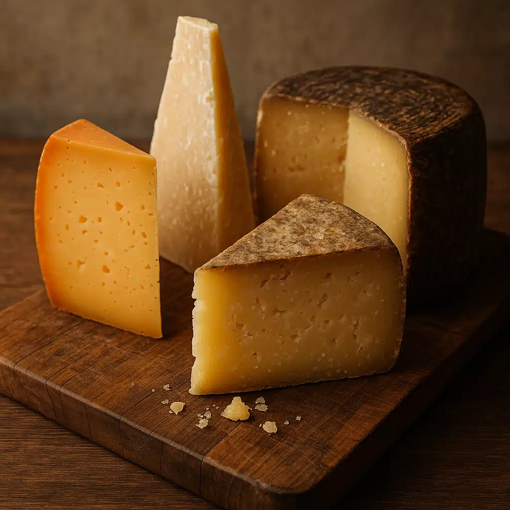 Assortment of premium aged hard cheeses on a wooden board, showcasing different textures and colors, artisanal presentation with natural lighting, rustic yet refined aesthetic