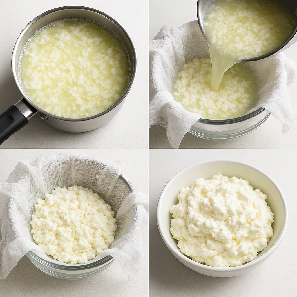 Step-by-step process collage showing milk curdling in pot, straining through cheesecloth, and final creamy white cheese in bowl, educational cooking photography, bright and clear