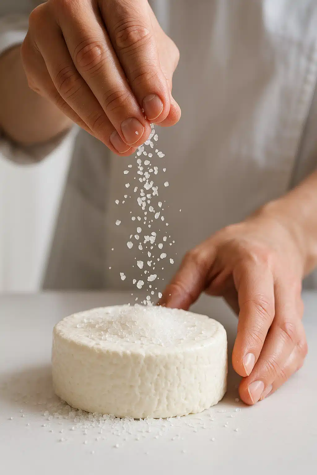 Close-up of hands sprinkling coarse salt crystals onto a round wheel of fresh white cheese on a clean work surface, professional food photography style, bright natural lighting