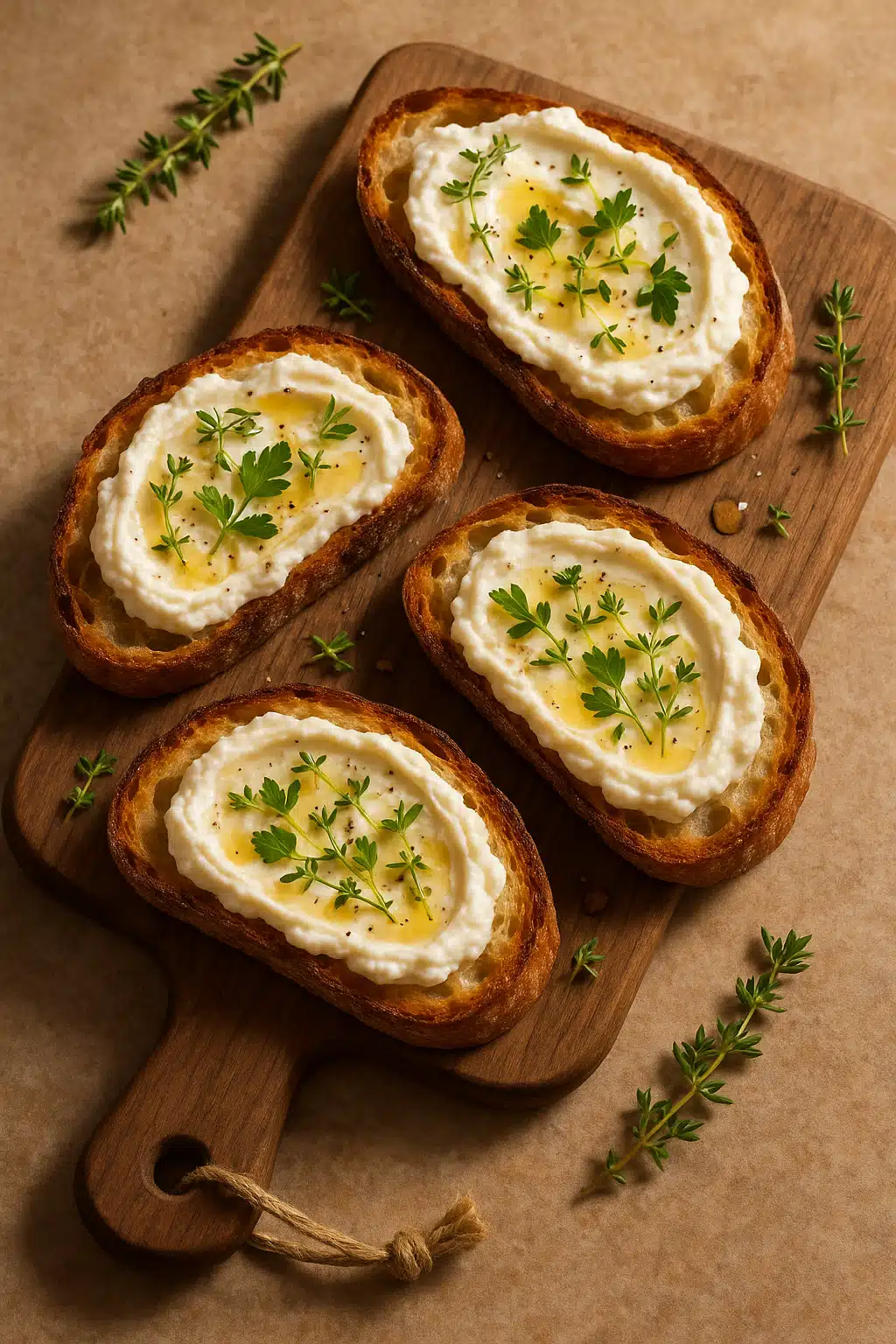 Whipped ricotta spread on toasted artisan bread slices arranged on a wooden board, topped with fresh herbs and honey drizzle, rustic presentation, warm natural lighting