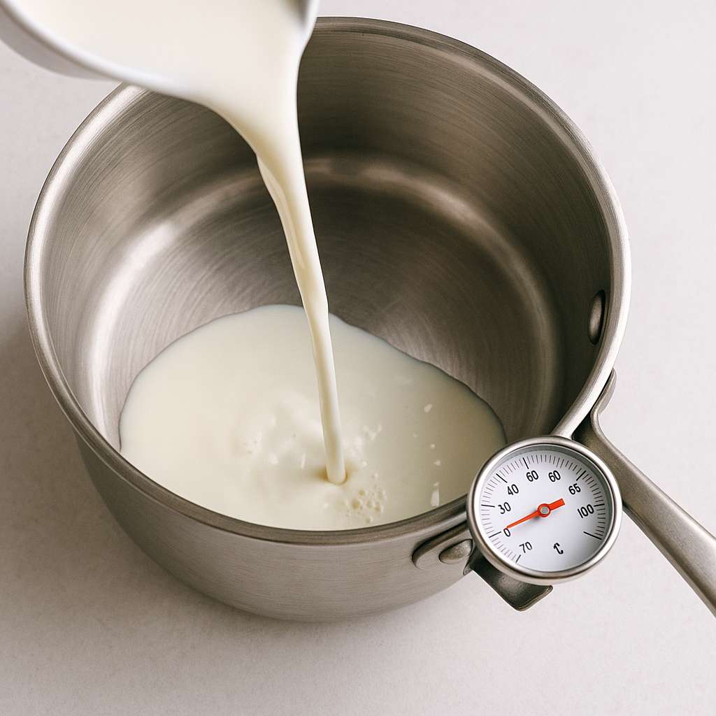 Close-up of milk being poured into a stainless steel pot with a thermometer attached, natural lighting, clean and professional food photography style, overhead angle