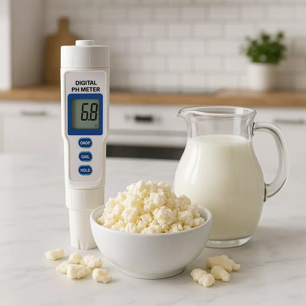Digital pH meter device placed next to fresh cheese curds and milk in a clean, modern kitchen setting with natural lighting and professional food photography style