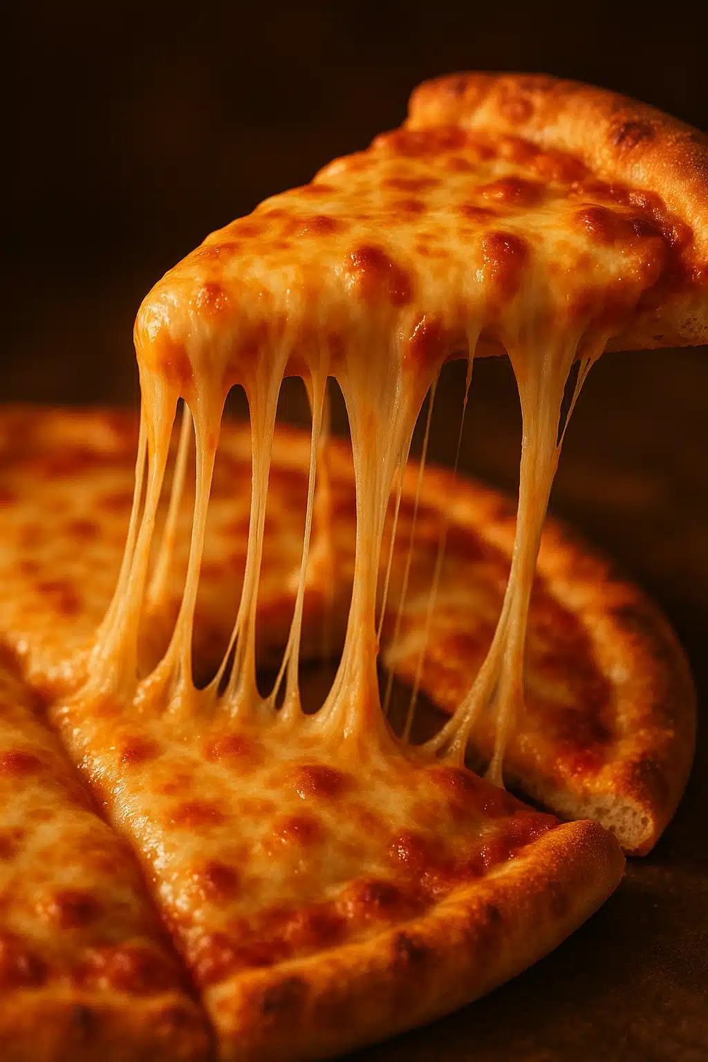 Close-up of melted cheese stretching from a slice of pizza, golden and gooey texture, warm lighting, appetizing food photography style