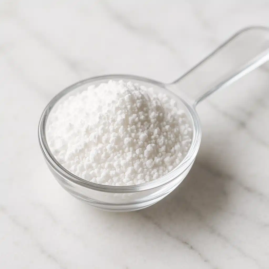 Close-up view of white calcium chloride powder in a small glass measuring spoon on a clean marble surface, soft natural lighting, professional food photography style