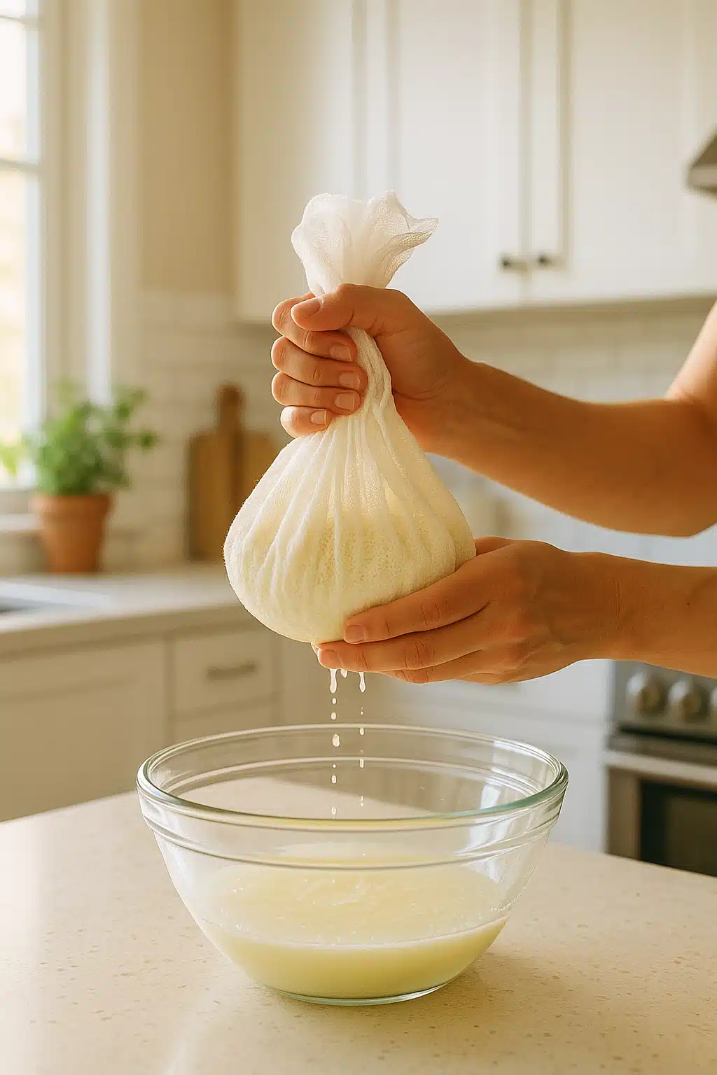 Hands working with cheesecloth over a bowl in a bright modern kitchen, cheese-making process in action, warm natural lighting, instructional photography style