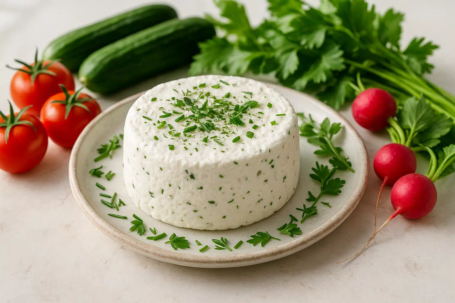 Fresh soft white cheese with herbs on a ceramic plate alongside fresh vegetables, bright and clean food photography, Mediterranean inspired presentation with natural daylight