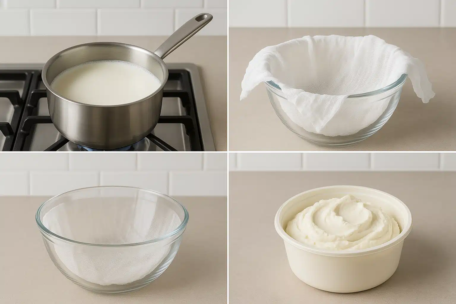 Step-by-step mascarpone making process showing saucepan with cream, straining setup with cheesecloth over bowl, finished mascarpone in container, clean kitchen background, instructional photography style
