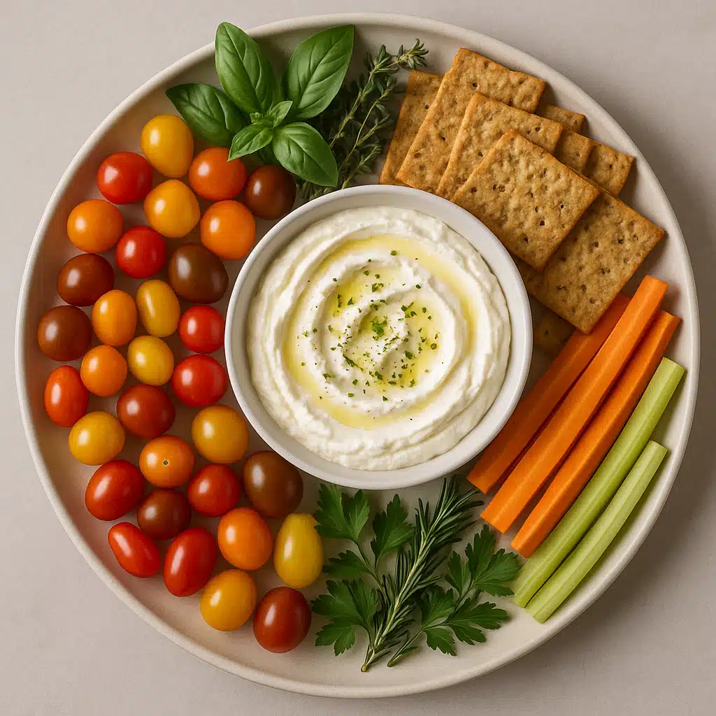 An elegant appetizer platter featuring whipped ricotta in a white bowl surrounded by colorful cherry tomatoes, fresh herbs, crackers, and vegetables, overhead view, sophisticated entertaining setup
