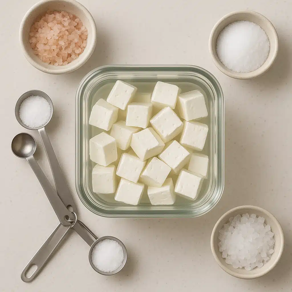Glass container filled with clear brine solution with white cheese cubes submerged, surrounded by measuring spoons and bowls of various salts, clean modern kitchen counter, overhead view