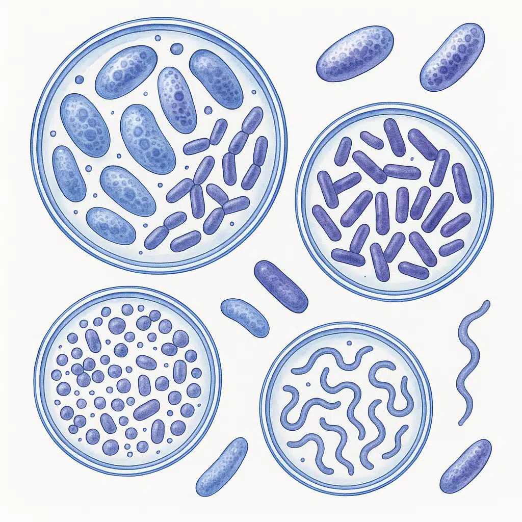 Scientific illustration showing bacteria cultures under microscope, educational style with blue and purple tones, detailed cellular structures visible, clean white background