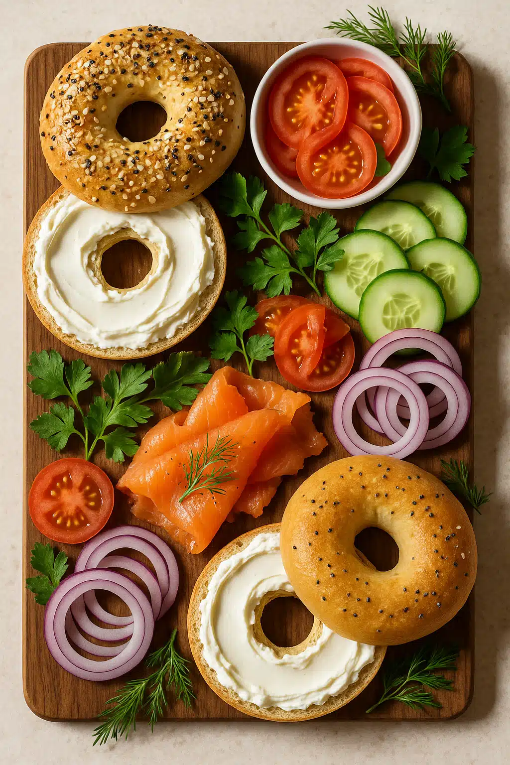 Artfully arranged breakfast spread featuring bagels with cream cheese, fresh vegetables, smoked salmon, and herbs on wooden board, overhead view, natural morning light, appetizing presentation