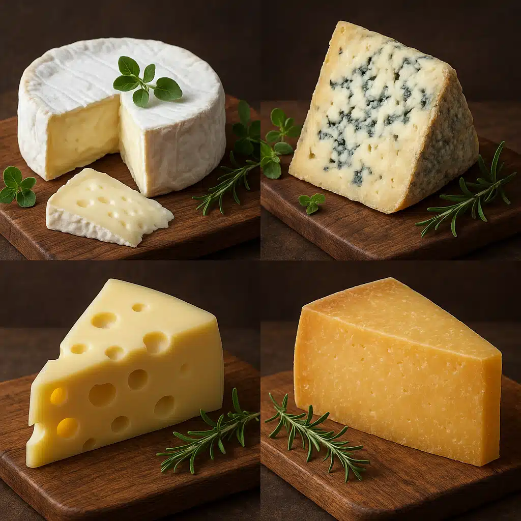 Split composition showing various types of cheese with different textures from soft to hard, arranged on a rustic wooden board with herbs, illustrating the diversity of cheese types achieved through pH control