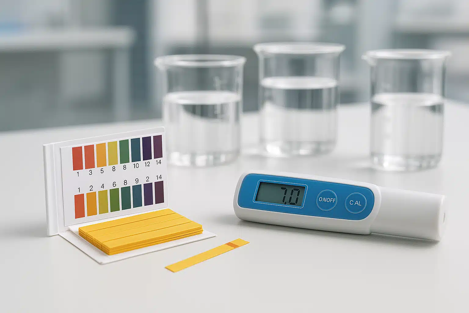Scientific pH testing strips and digital pH meter on a laboratory table with glass beakers, clean professional setting, educational style photography