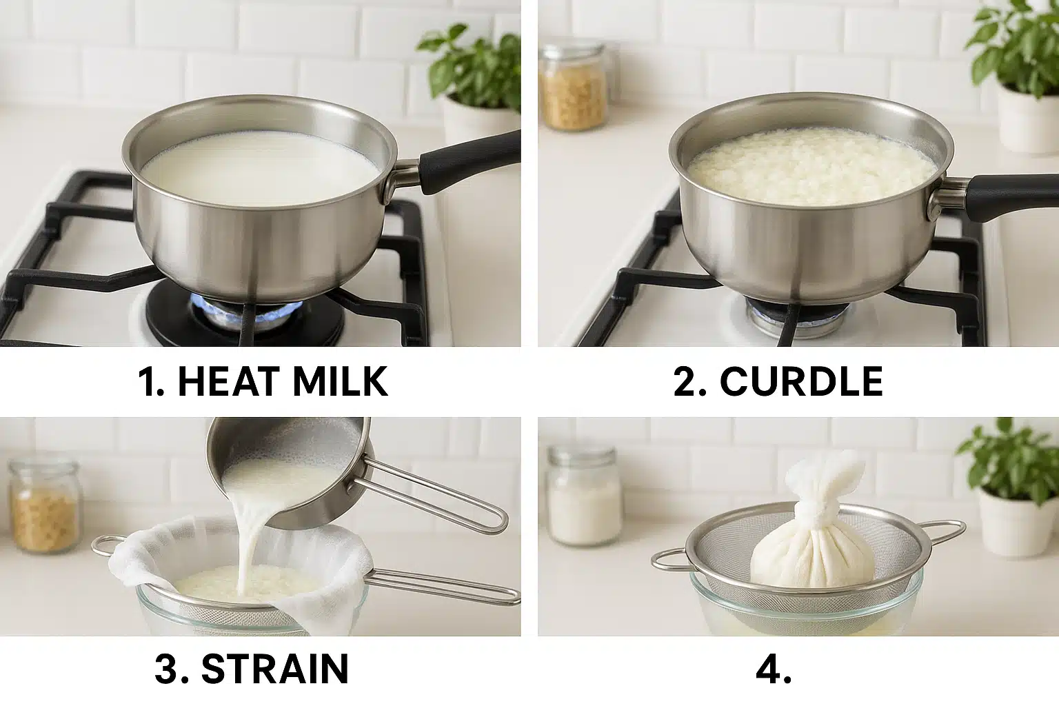 Step-by-step collage showing milk heating in pot, curd formation, and straining through cheesecloth, clear instructional layout, bright kitchen setting