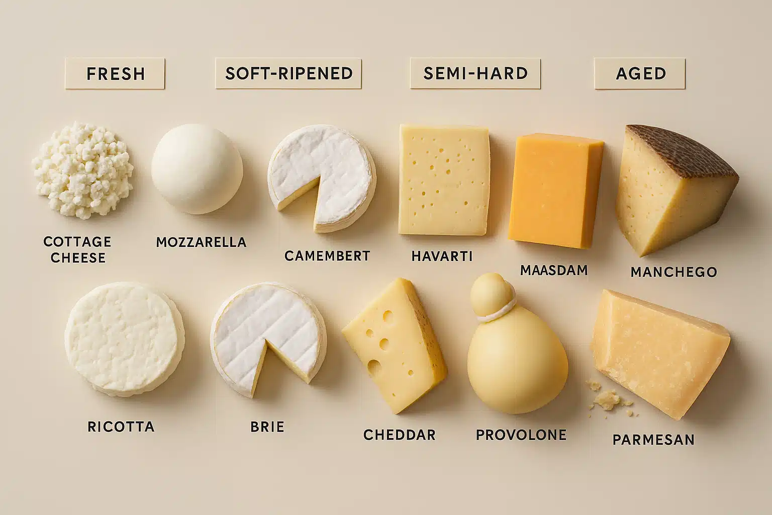 Various types of cheese arranged by category from fresh to aged, educational display showing cheese diversity, professional food styling with informative labels, clean studio lighting