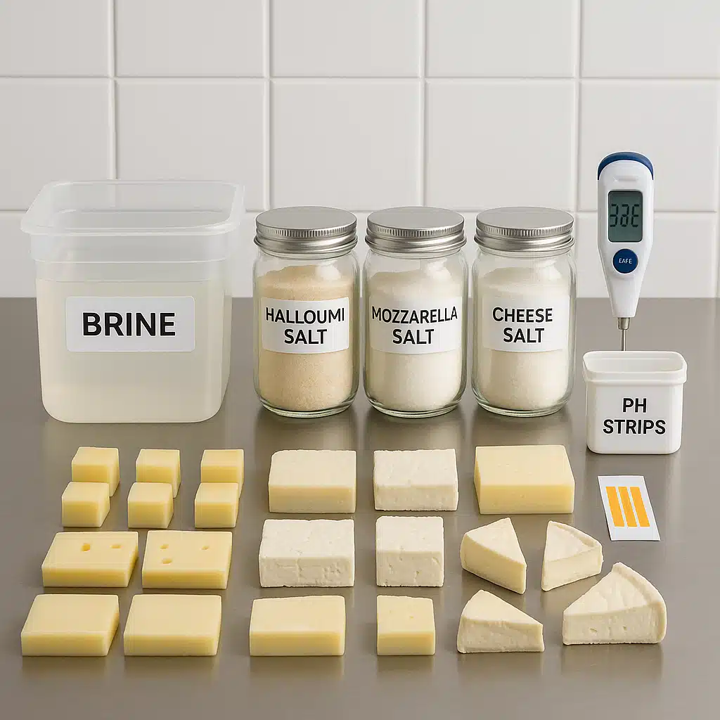 Organized cheese storage station showing labeled containers with brine, various salt types in jars, thermometer, pH strips, and cheese samples, professional food preparation setup, clean and organized aesthetic